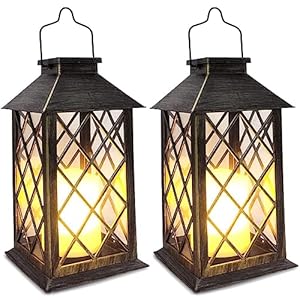 SHYMERY Solar Lantern,Outdoor Garden Hanging Lanterns,2 Pack 14 Inch Lasts 3X Longer 10 lumens Waterproof LED Flickering Flameless Candle Mission Lights for Table,Outdoor,Party Decorative