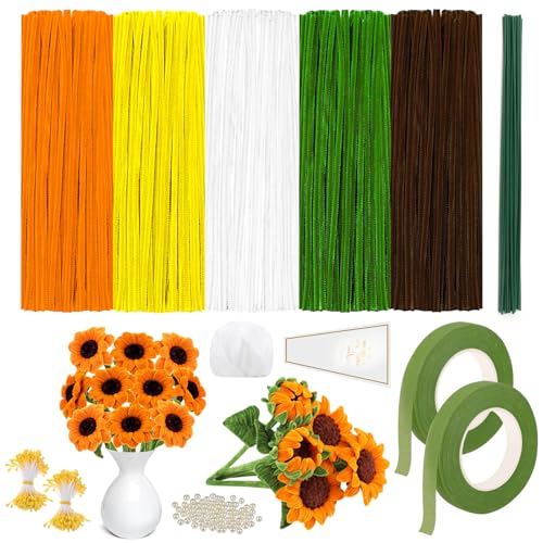 QOUBNIC Sonnenblumen Blumenstrauß, Pfeifenreiniger zum Basteln Set mit 250 Pfeifenreiniger Blumen, Pfeifenreiniger Blumen Set mit Geschenkband, Perlen, Klebeband für Blumenstrauß DIY QOUBNIC Sonnenblumen Blumenstrauß, Pfeifenreiniger zum Basteln Set mit 250 Pfeifenreiniger Blumen, Pfeifenreiniger Blumen Set mit Geschenkband, Perlen, Klebeband für Blumenstrauß DIY
