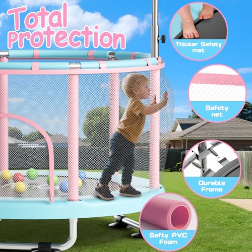 Image of 55 inch Toddler Mini Trampoline for Kids, Indoor Outdoor Toys with Swing, 440lbs Baby Kids Trampoline, Gymnastics Bar, Birthday Gifts for Boy Girl Age 1-8