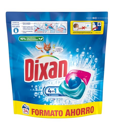 Dixan Trio Caps 4+1 Total, Detergente en Cápsulas para Lavadora (34 lavados), jabón para ropa blanca y clara, limpieza, luminosidad y frescor en un detergente