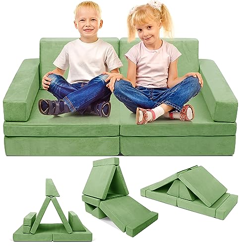 Image of Xilingol Modular Kids Couch, 8Pcs Convertible Sofa for Creativity & Imagination,Play Couch for Kids, Foam Kids Couch for Playroom, Light Green