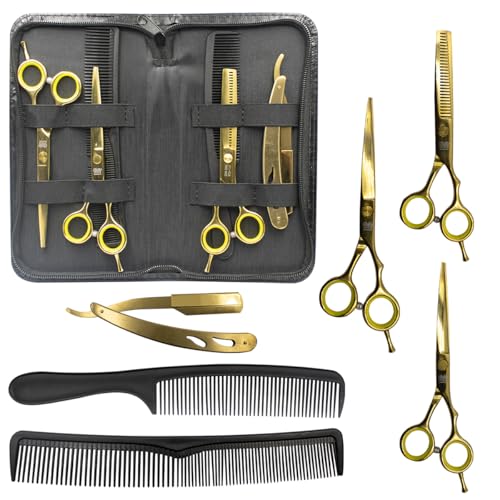 Kit Barbeiro Cabeleireiro Barba Cabelo Profissional com Navalhete Tesouras (Dourado)