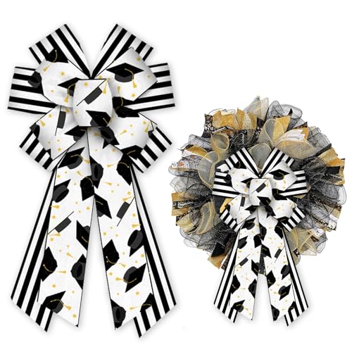 Glodecart Large Graduation Bow for Wreath, Graduation Cap Congrats Bow for Front Door, Black White Stripe Graduation Wreath Bow for Graduation Decoration Party Supplies Indoor Outdoor Wall Ornament