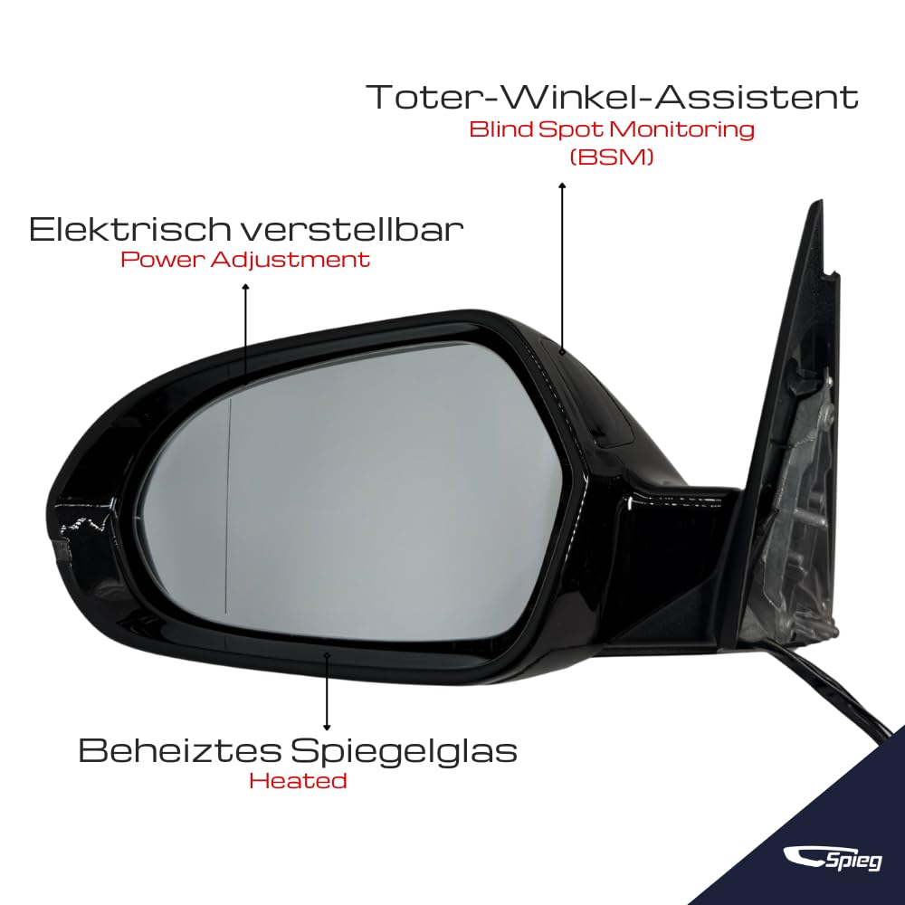 Spieg Außenspiegel links für Audi A6 C7 / S6 2011–2018 elektrisch einklappbar, Blinker, BLIS, Schwarz glänzend, 8+2 PIN (Fahrerseite)