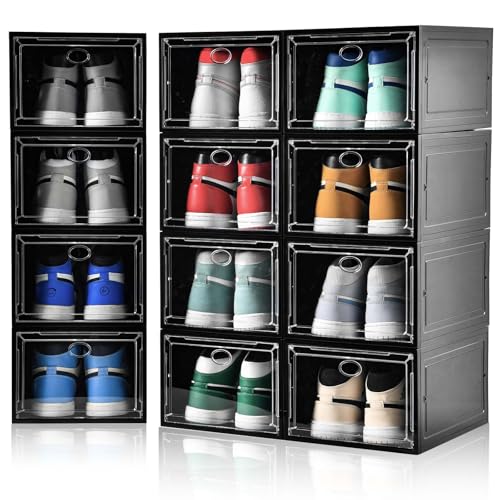 Image of Amllas 12 Pack Shoe Boxes Stackable,Upgraded Sturdy Shoe Storage Boxes with Clear Magnetic Door,Multifunctional Sneaker Storage, Shoe Box Organizer Fit up to US Size 12 Gray(13.8 inchx 9.84 inchx 7.1 inch)