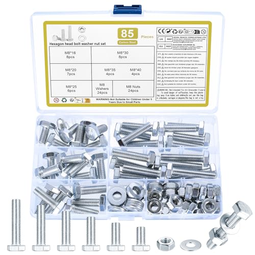 85 Stück M8 Schrauben Set, Sechskantschrauben Muttern Set, Gewindeschrauben Set, Maschinenschrauben Sortiment mit Unterlegscheiben Set, Sechskantkopfschrauben und Muttern Set 85 Stück M8 Schrauben Set, Sechskantschrauben Muttern Set, Gewindeschrauben Set, Maschinenschrauben Sortiment mit Unterlegscheiben Set, Sechskantkopfschrauben und Muttern Set