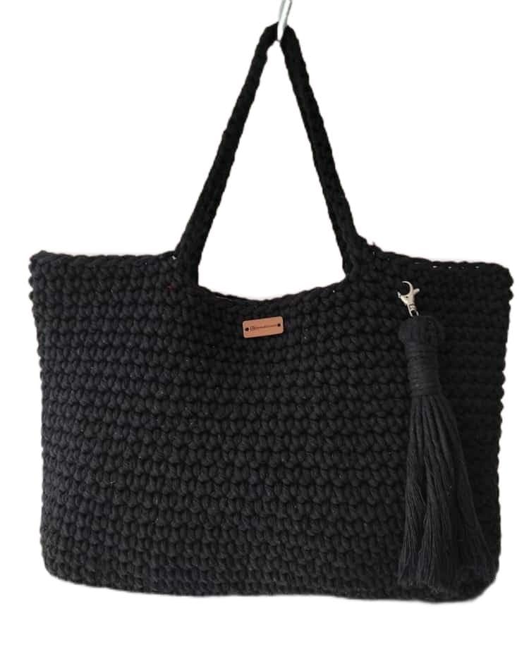 Bolsa de Crochê Feminina, Sacola de Ombro, Barbante, Preta barbante 24 fios