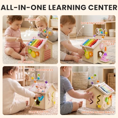 Image of 9-in-1 Wooden Activity Cube, Montessori Baby Activity Center Toys for 1+ Year Old Boys & Girls, Unicorn Theme Baby Cube with Car Toys & Shape Sorter, Educational Toy for Toddlers, Ideal Baby Gift