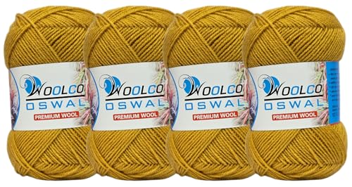 Woolco Oswal Microwool Acrylic Hand Knitting Yarn Pack of 4 Balls (100g Each), Soft Baby Yarn for Sweaters, Booties & DIY Knitting Projects – Baby Wool Thread for Beginners & Kids (Mustard)
