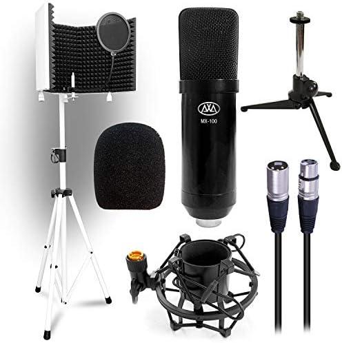 AxcessAbles Music Recording Mic Isolation Shield with Stand and Professional Studio Condenser XLR Mic Package. Includes Pop Filter, Desktop Stand, Shock Mount (SF-101Kit White Package)