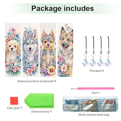 Image of 4 Pieces Diamond Art Painting Bookmarks for Adults 5D Floral Rhinestone Bookmarks Animal Dog Art Bookmarks DIY Diamond Painting Bookmarks with Tassels Crafts Supplies