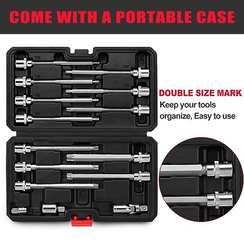 RIMKOLO 3/8\" Drive Extra Long Torx Bit Socket Set,15-Piece T10-T60 Star Bit Socket Set S2 Alloy Steel Torx Bit 4.6\" Length