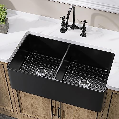 Zuagco Black Farmhouse Sink 33 Inch Fireclay Apron Front Farm Sink Large Capacity Deep Double Bowl Kitchen Sinks With Accessories Protective Bottom Grid And Strainer #TOP19
