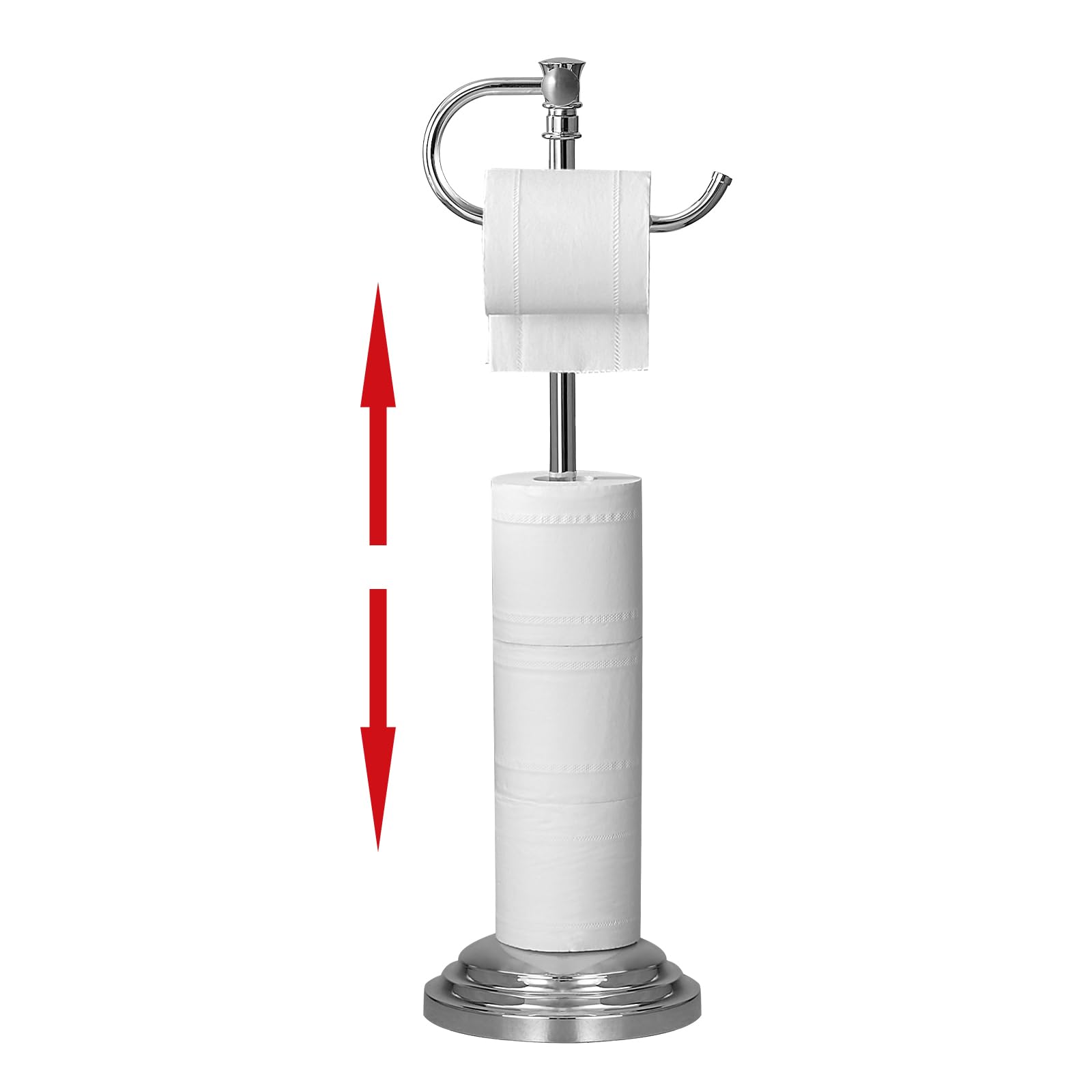 RUMOSE Toilet Paper Holder Stand for Floor, Polished Chrome Adjustable (12.4" to 22.8") Bathroom Toilet Tissue Holder, Free Standing Toilet Paper Roll Holder with Storage, Stainless Steel