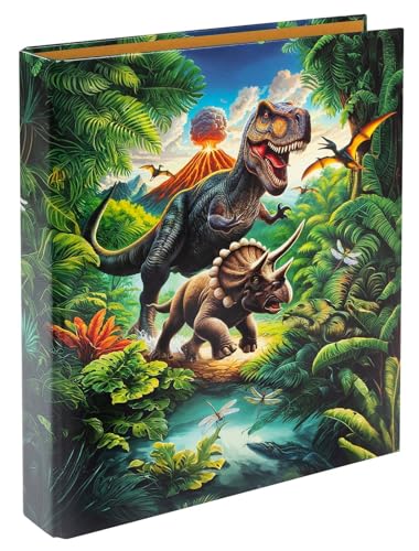goldbuch 37 157   Carpeta de anillas Vulkan, tamaño 26 x 32 x 4 cm, cubierta de impresión artística, grapadora con mecanismo de 2 anillas de metal, formato DIN A4, diseño de dinosaurios, carpeta de
