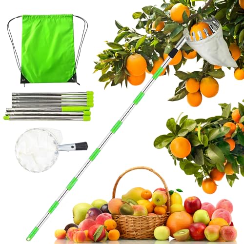 dingdongji Recogedor de Frutas con Varillas de Extensión,Recoge Frutas con Bolsa de Lino,Recoge Frutas de árboles,Recoger Frutas 2.8m,Frutas Herramientas Recolectoras para Manzanas, Naranjas, Peras