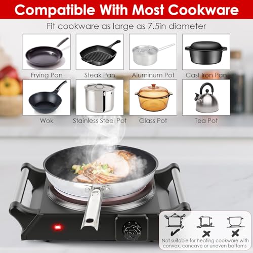Image of 1000W Electric Single Hot Plate Control Infrared Burner | Ceramic Countertop Cooktop Portable Stove with 5 Temperature Stepless Adjustments Portable Handles for Kitchen RV