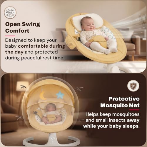 Image of Baybee Lullabies Electric Baby Cradle and Swing | Baby Swing Jhula with Adjustable Swings Speed & Recline | Rocker for Babies with Mosquito Net, Safety Belt & Music Cradle for New Born Baby (Yellow)