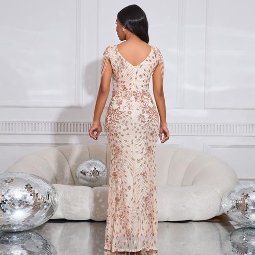 Image of dasmzper Women Sequin Elegant Sexy Tassel Bead Sleeve Mesh Perspective Bodycon Party Cocktail Evening Dress