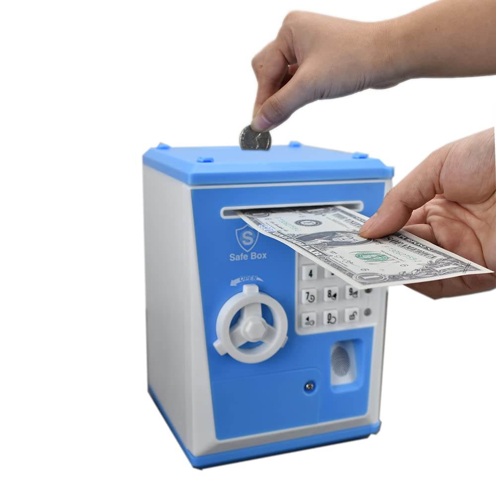 Caja de Ahorro para Niños con Contraseña de Huella Dactilar ATM que Habla Caja de Ahorro en Forma de Cerdo para Dinero Real Regalo de Juguete para Niños de 6-14 Años (Azul/Blanco)