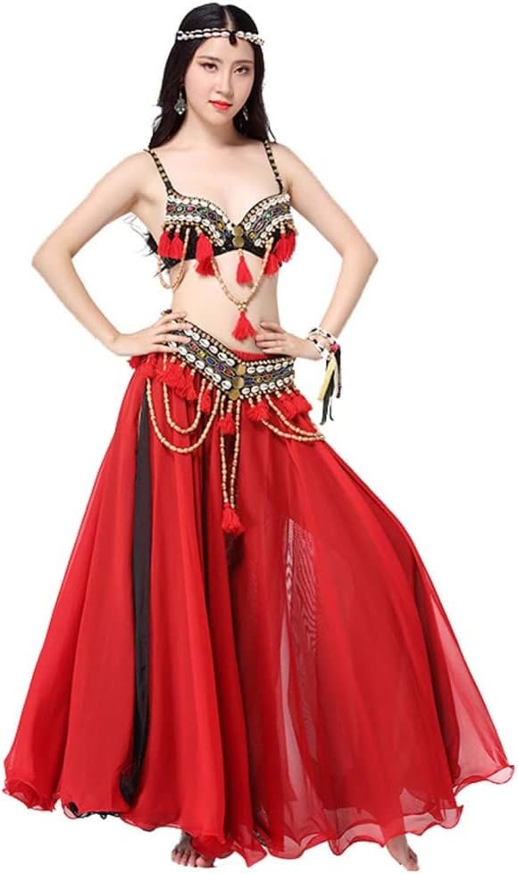 Tribal Belly Dancer Costumes for Women Carnival Performance Outfit Top Bra and and Belly Dancing Slit Skirts Set
