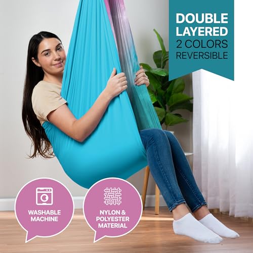 Image of Indoor Sensory Swing for Kids or Outdoor - Holds 300lbs, Double-Layer, & 360 Swivel, Calming Compression Therapy Swing Hammock for Kids & Adults with All Hardware - Sensory-Motor Toys & Gifts