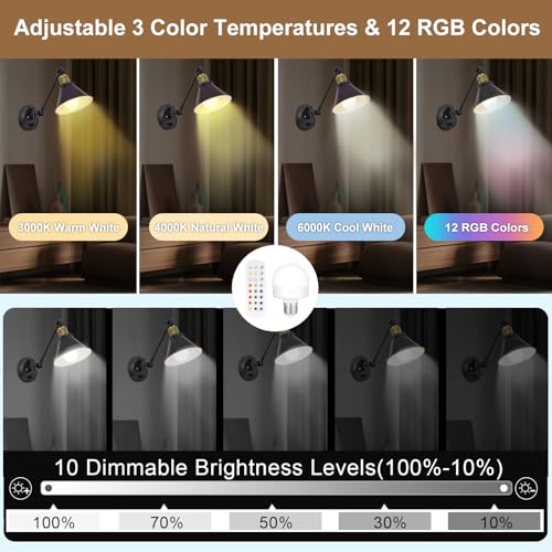 Image of TRLIFE Rechargeable Battery Operated Wall Sconce, Dimmable and Adjustable Color Temperature Wireless Wall Sconces Set of 2 with Remote Control, Swing Arm Wall Mounted Light for Bedroom Bedside Hallway