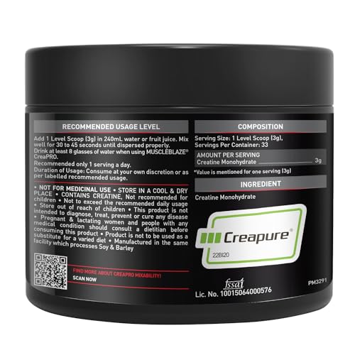 Image of MuscleBlaze CreaPRO Creatine Monohydrate Powder with Creapure, Unflavoured (33 Servings, 100g) & Omega 3 Fish Oil Capsules (30 Capsules) | 1000mg with 180mg EPA & 120mg DHA | Pack of 2