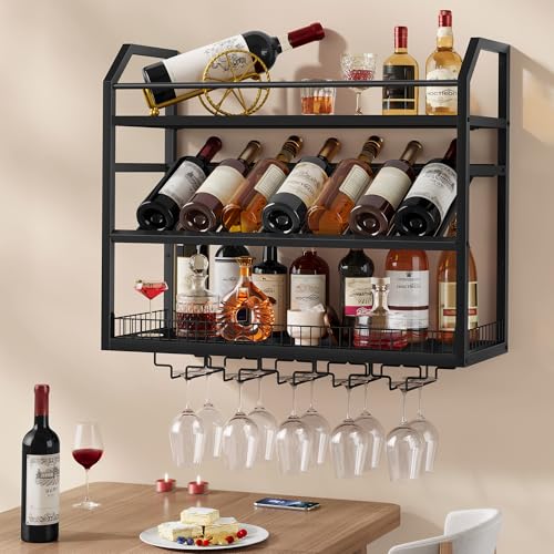 Image of Hoctieon Wall Mount Wine Rack, Wall Mounted Wine Bottle Rack for Display and Storage, Hanging Bottle Holder, for Living Room, Dining Room, Bar, Wine Cellar, Black
