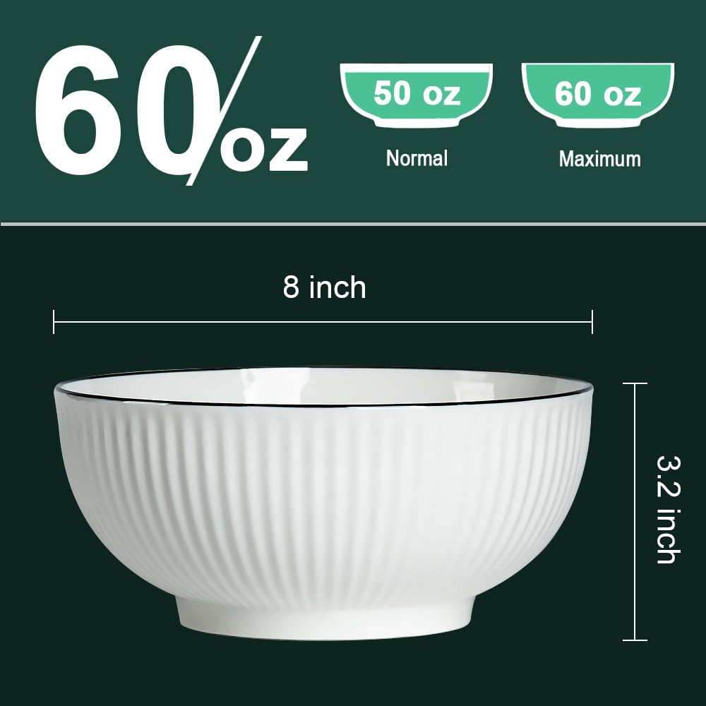 QINLANG Große Suppenschüssel, Pho Schüsseln, japanische Ramenschalen, Set mit 3 Stück, 20,3 cm Rand, cremefarbenes Porzellan, große Schalen zum Essen