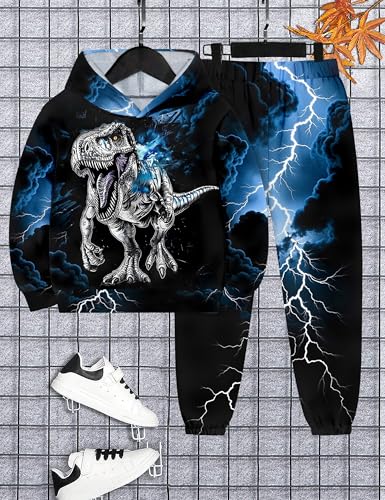 Image of Boys Clothes, T-Rex Print Dinosaur Boy Clothes Fall Winter Outfits Long-sleeved Hooded Sweatshirt Pants 2Pcs Set