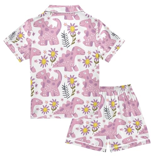ALAZA Dinosaur Blossom Floral Pajamas Satin Pajama Set Short Sleeve Button Down Sleepwear2