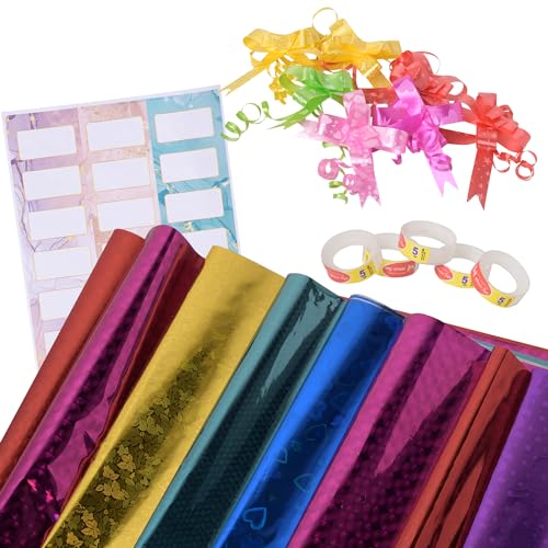 Image of Suffix Retail - 25 PCS Gift Wrapping Sheets - Holographic Patterns - 40 Nametag Stickers, 30 Ribbons For Gift Packing & 2 Clear Tape | Gift Wrap Sheets - 45CM x 65CM (25)