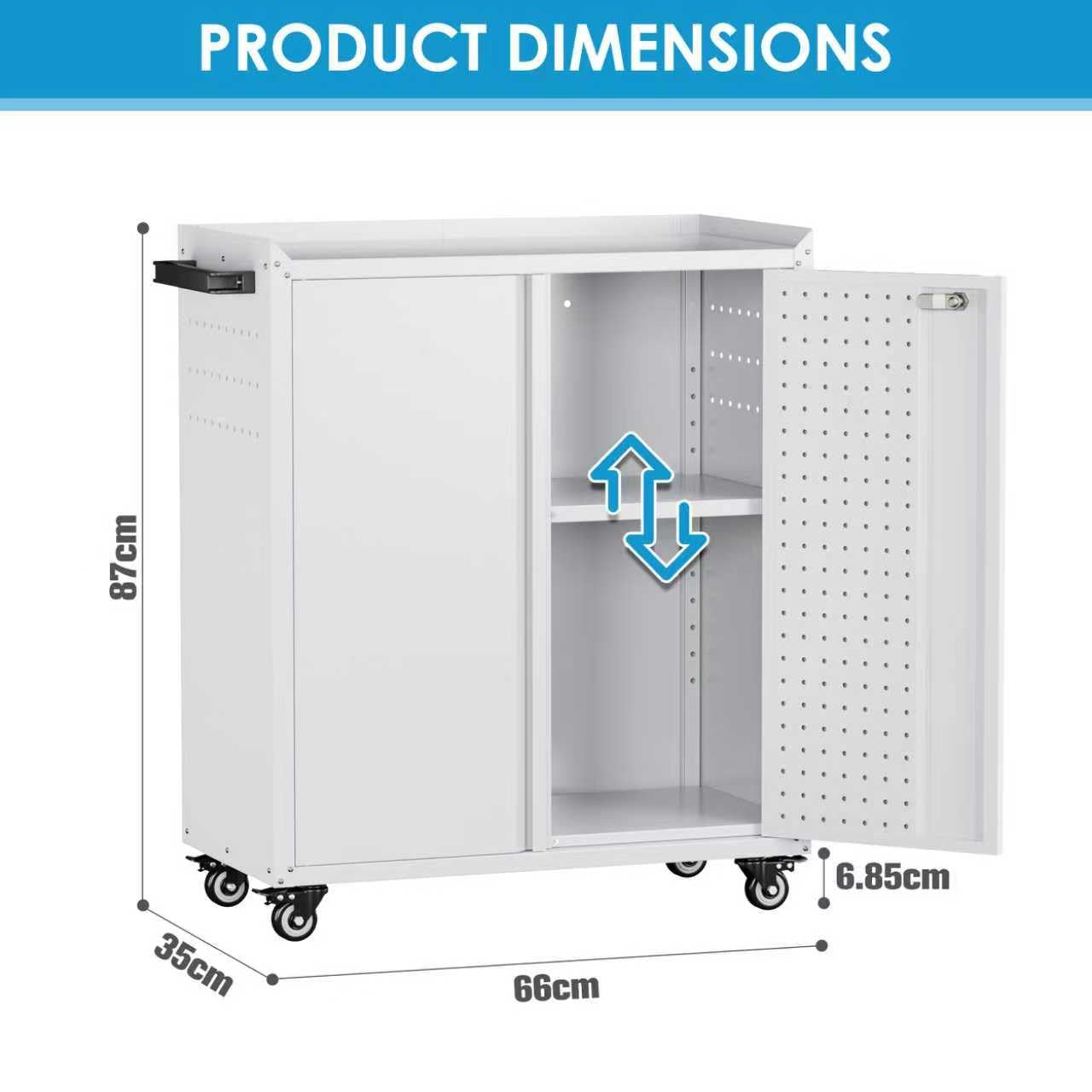SUPEER Armoire à outils en métal avec roulettes et plateau à chevilles, 87 x 66 x 35 cm, armoire de rangement de garage avec serrure, portes et étagère avec 4 crochets pour garage, maison, atelier