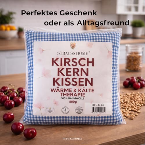 Strauss Home® Kirschkernkissen Gross, Mikrowelle, Körnerkissen Mikrowelle, Wärmekissen Nacken Schulter, Baumwollstoff 50x20cm (Grau/Blau Vintage)