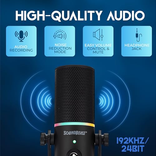 SoundBeast Microfone USB Firebird - com controle de volume, modo de redução de ruído, iluminação RGB