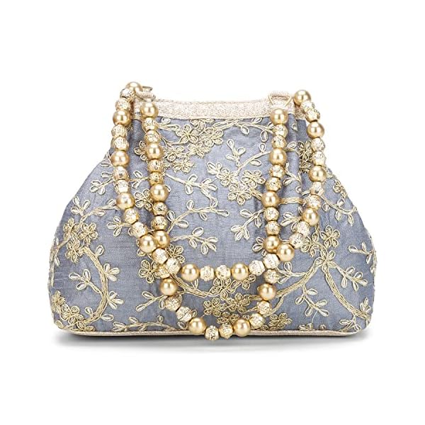 Shanvi handicraft Raw-Silk Designer Potli Bag for women with Golden Embroidery and Golden Pearl Handle Tassel