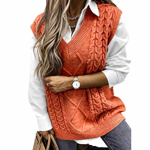 Image of Women's Sweater Vest,Long Cable Loose Knitted Sleeveless V Neck Casual Sweaters Tank Top S~XL