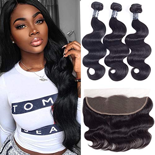 Amella Hair 10A Brazilian Virgin Hair Body Wave Frontal Free Part(18 20 22+16 Frontal) 100% Unprocessed Body Wave Virgin Hair Bundles with Frontal Natural Black Color