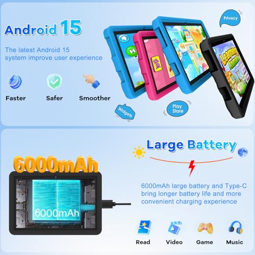 Image of DMOAO 10.1 Inch Kids Tablet Android 15-30GB RAM+64GB ROM(1TB Expandable), Octa-Core 2.0GHz, Anti-Blue Light Screen, 6000mAh, WiFi 6, 5MP+8MP, Parental Controls, EVA Case, Preloaded Edu Apps - Black