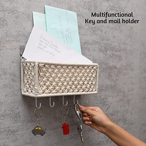 Folkulture Macrame Key Holder For Wall Or Mail Organizer, Easy To Install Decorative Mail Holder With Wall Hooks, Wall Mount Shelf With Key Hanger For Hanging Keys, Farmhouse Entryway #TOP2