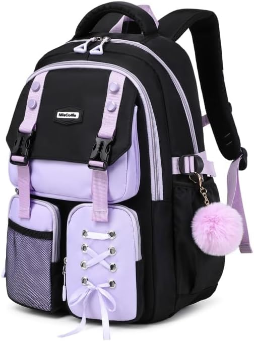 Girls Backpack with Lunch Box and Pencil,Travel Daypack Cute backpack for Teens Girls Women Students (Black & Purple) - Image 4