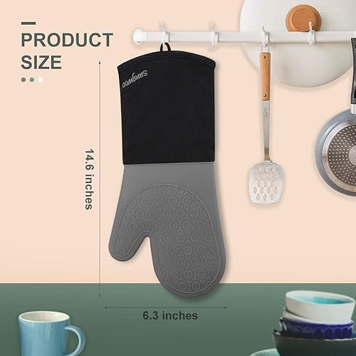 Vista 47 de sungwoo Guantes de horno de silicona, resistentes al calor, con forro acolchado, agarre texturizado antideslizante, perfectos para barbacoa, Negro
