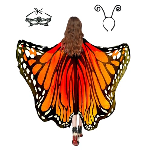 Halloween Butterfly Wings Costume for Womens Moth Wings Butterfly Cape Adult Costume with Mask & Headband(3pcs) Orange Red