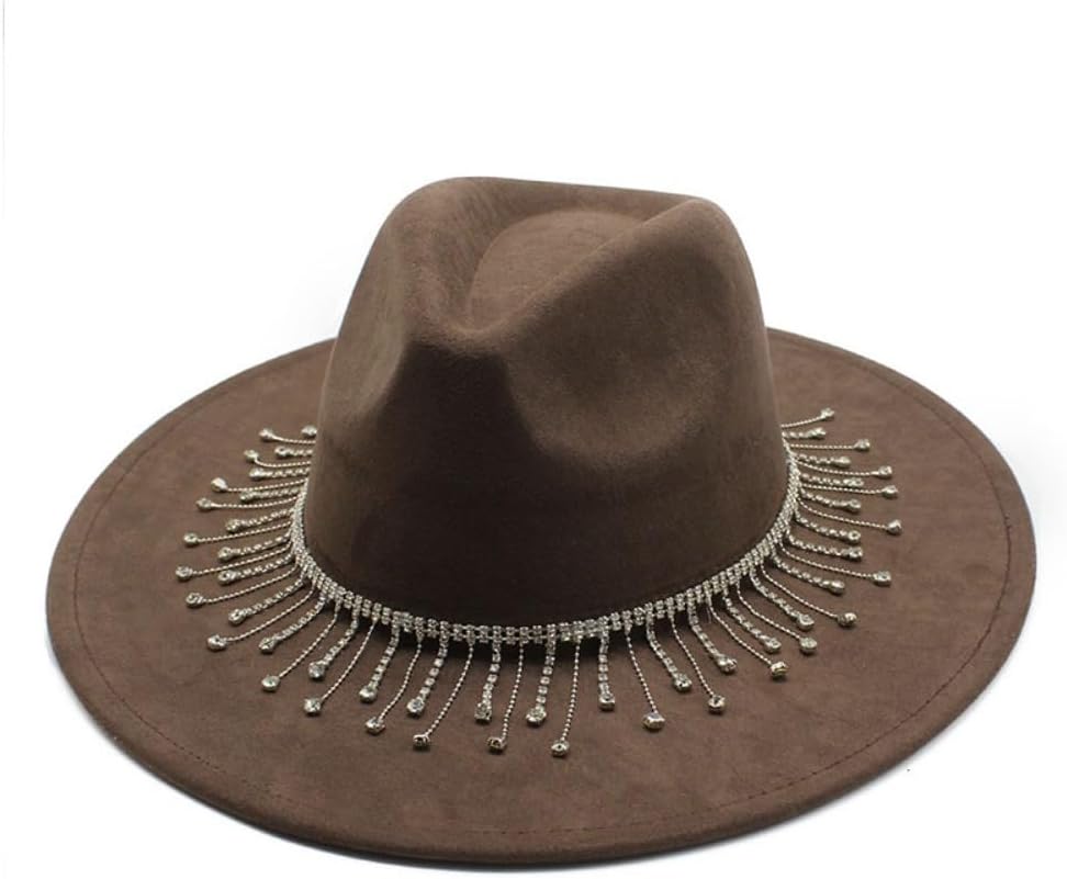 Wide Brim Felt Western Cowboy Hat with Beaded Chain Detail
