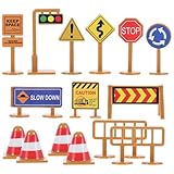 DOITOOL 30pcs Kids Traffic Signs Playset, Mini Stop Lights and Road Sign Street Traffic Cone Barricade Toys Crosswalk Signal Educational Mini Toys for Boys Girls Educational Accessories
