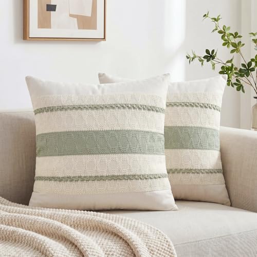 Image of Fancy Homi Set of 2 Sage Green Boho Decorative Throw Pillow Covers 18x18 Inch for Living Room Bedroom Couch Bed Sofa Chair, Rustic Retro Cushion Case 45x45 cm, Bohemian Room Home Decor
