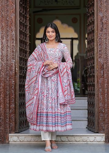 Image of Cotton Anarkali Shiffly Work with Floral Printed Anarkali Kurta Pant with Dupatta