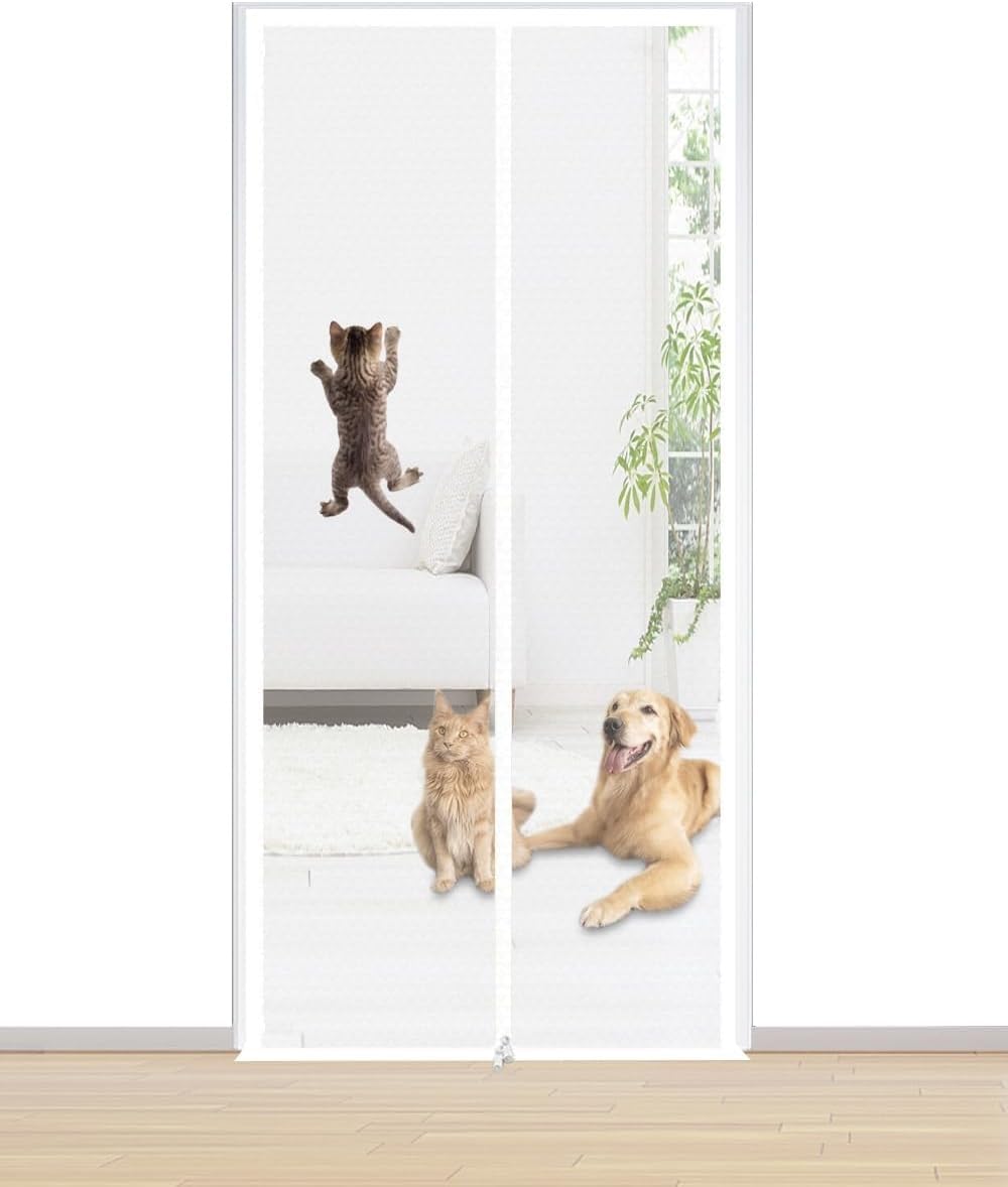 Puerta con solapa reforzada para gatos, puerta de malla blanca para gatos, varios tamaños (C 80 x 200 cm), solución de acceso para mascotas para hogares, fácil instalación y ajuste seguro