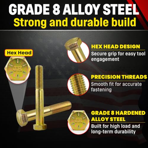 Image of Chenango Supply 5 /8-11 x 4-1 /2 inch Grade 8 Hex Head Cap Screws, Alloy Steel Hex Bolts, 150,000 PSI Tensile Strength, Yellow Zinc Chromate Finish, USS Coarse Thread Fasteners (10 Pack, 5 /8-11 x 4.5 G8)